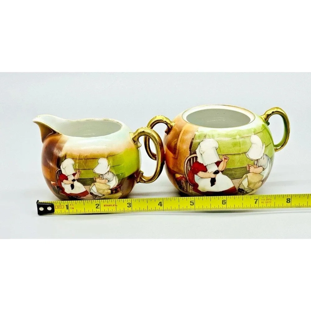 Royal Bayreuth Sunbonnet Babies Darning Sewing Child Sugar Bowl Creamer Set